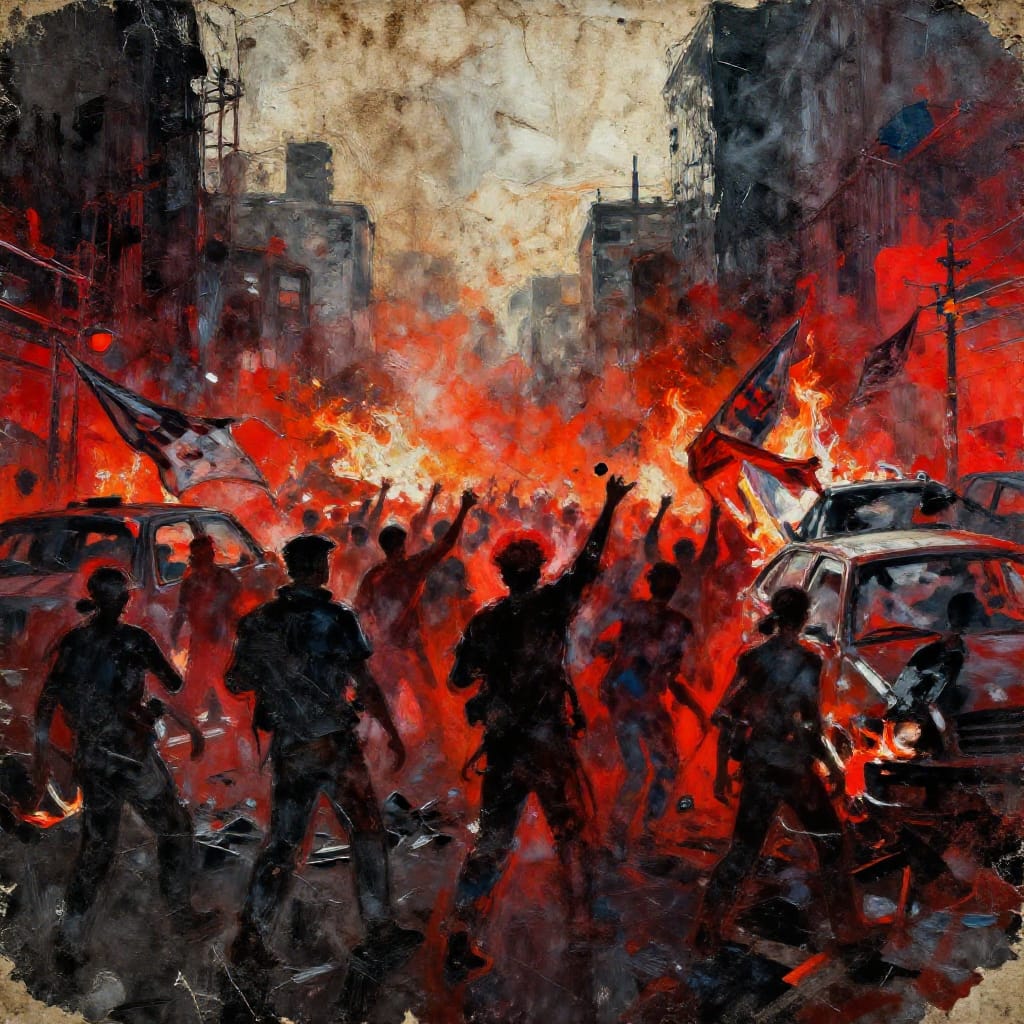 A riot erupts in a sprawling city, captured in a textured medium of aged paper with visible grain and creases, layered with translucent washes of paint for depth. The composition is dynamic: silhouettes of demonstrators rise from the foreground, their forms fragmented by overlapping arms and bodies, while midground chaos features overturned vehicles, burning banners, and shattered glass. Background city structures recede into smoky haze, rendered in abstract expressionist brushstrokes and bold, electric hues of crimson, burnt orange, and deep charcoal. Harsh, directional lighting from a low sun or streetlamp creates stark contrasts, casting jagged shadows that amplify tension. The color palette is vivid yet gritty—electric reds explode against midnight blacks, while muted grays and smoky whites soften the chaos. The overall atmosphere is one of urgent, visceral energy: a moment frozen in time where collective fury meets urban ruin, conveyed through layered textures, expressive strokes, and dramatic tonal shifts.