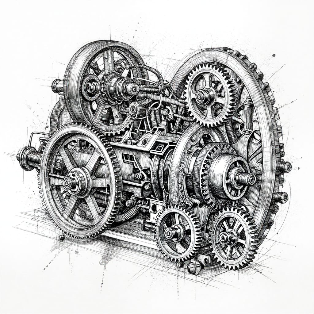 A detailed, intricate mechanical blueprint illustration rendered in fine black ink on textured paper, with deliberate splattered effects that add organic texture to otherwise geometric lines. The design features a complex mechanical component composed of symmetrical, precisely drawn parts—cogs, gears, pistons, and springs—all labeled with concise technical notation in small, clear script. The composition is highly structured and balanced, evoking a sense of engineering mastery. Uniform lighting across the page eliminates shadows, emphasizing the clarity and depth of each line. Splattered ink effects are strategically placed to suggest motion, heat, or wear, adding a subtle layer of mystery to the otherwise technical surface. The color palette is stark black and white, with tonal variation achieved through ink thickness and splatter density. The overall feeling is one of quiet precision and hidden complexity—where every line tells a story of industry, and the splatters hint at unseen forces in motion.