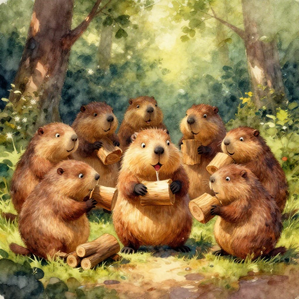 A whimsical watercolor painting on aged paper, depicting a group of woodchucks engaged in a playful act of chugging wood. The central woodchuck, with its expressive, slightly exaggerated features, stands amidst its peers, each with distinct brown fur tones and gentle smiles. The scene is set in a sunlit forest clearing, where sunlight filters through leaves, casting dappled shadows and creating a soft, diffused glow across the surface. A pile of fallen logs rests nearby, adding texture to the composition. The color palette features rich earthy tones—deep greens, warm browns, and golden yellows—with subtle gradients that soften edges and enhance depth. The brushwork is fluid and expressive, with delicate washes blending into one another, while the aged paper adds a tactile, handcrafted quality to the surface. The overall atmosphere is cheerful, imaginative, and slightly humorous, capturing the essence of a simple yet playful question.