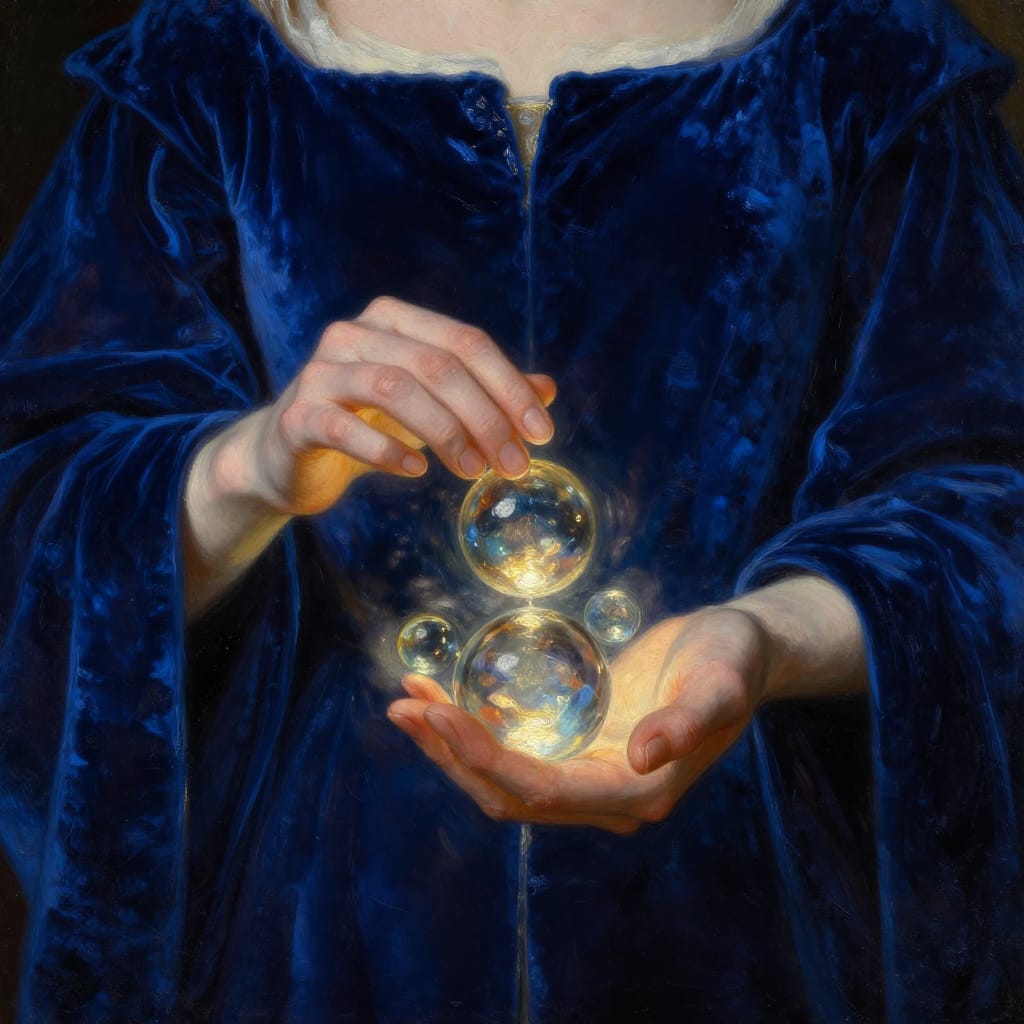 A close-up, dramatic portrait of a woman in a deep blue velvet dress, focused on her hands as she gently holds three glowing glass orbs. The intricate detail of her fingers and knuckles is perfectly rendered, with each nail and vein visible in exquisite anatomical precision. Backlit by volumetric light that slices through the folds of the fabric, casting deep shadows and highlighting the texture of the velvet. The renaissance oil painting style emphasizes rich, layered brushwork with thick impasto for depth, delicate sfumato transitions between light and shadow, and a luminous glow emanating from the orbs. The color palette is dominated by deep cobalt blue and midnight black, punctuated by warm golden highlights within the glass spheres and soft silvery reflections on the dress. The composition centers on her hands and the orbs, with the background softly blurred to emphasize intimacy and focus. The overall atmosphere is moody, mysterious, and reverent, evoking a sense of quiet power and timeless elegance through meticulous detail and luminous depth.