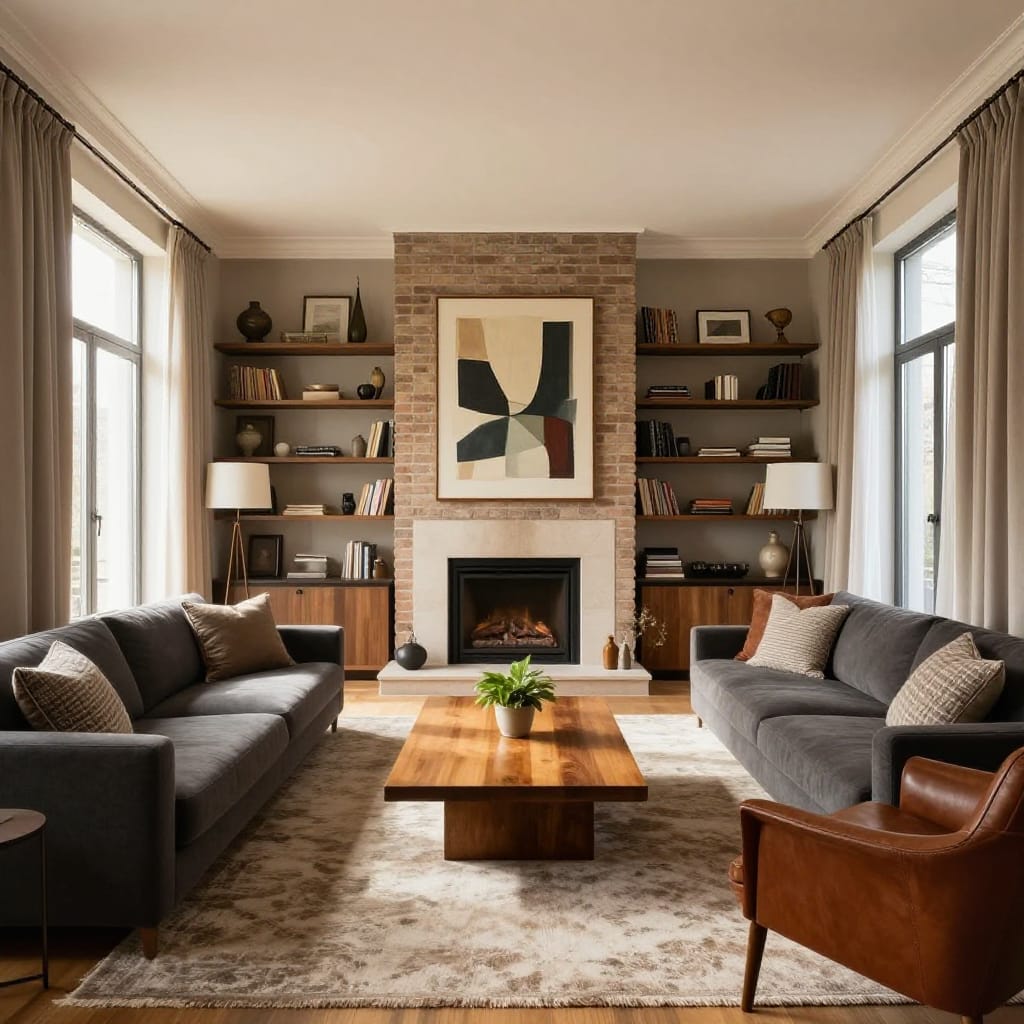 A wide-angle shot captures a modern living room bathed in warm, natural light streaming through floor-to-ceiling windows draped with soft beige curtains. The composition follows the rule of thirds, placing the central fireplace at the intersection point of the frame, drawing the eye to its brick facade and built-in shelves filled with eclectic decorative items. Above the hearth, a large abstract painting in bold geometric shapes adds artistic contrast to the space. The seating area features a dark gray sofa with textured throw pillows and two sleek brown leather armchairs, their smooth surfaces reflecting the ambient glow. A wooden coffee table with a small potted plant sits center stage, its surface polished to a warm sheen. Beneath it, a patterned rug in soft earth tones adds a tactile layer to the floor. The room’s symmetry is balanced by the fireplace’s central focus, creating a harmonious blend of comfort and contemporary design. The wide-angle lens captures the full depth of the space, emphasizing the interplay of light, texture, and layered design. The overall atmosphere is cozy and inviting, with a neutral color palette that feels both calm and stylish.