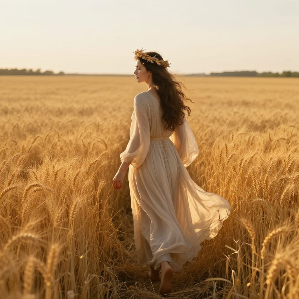 A woman walks through a vast field of golden wheat, her flowing light-colored robe cascading around her as she moves with relaxed confidence. Her long, wavy hair catches the warm golden light, and she wears a crown of wheat stalks symbolizing her connection to the harvest. The mid-shot composition places her slightly off-center, guided by the natural lines of the wheat field that stretch into the horizon. The lighting is soft and directional, casting a warm, golden glow typical of early morning or late afternoon, with subtle highlights on her skin and robe. The atmosphere is serene and peaceful, evoking calmness as she strides through the field. The scene is captured with a natural lens, preserving realistic textures: the soft sheen of the wheat, the delicate weave of the fabric, and the gentle breeze that causes her hair and robe to flutter. The background features a distant horizon where sky meets field, with no other figures or distractions, emphasizing her solitude in the vastness of the landscape. The color palette is dominated by warm golds, earthy browns, and soft beiges, creating a harmonious contrast that enhances the sense of tranquility and connection to nature.