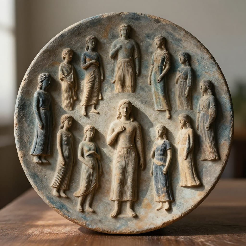 A close-up view of a circular, textured object with human figures painted or embossed onto its surface, arranged in a semi-circle around the central axis. The object, resembling a mirror or pottery, has a rough, uneven texture that contrasts with the smoothness of the figures' three-dimensional quality. Natural light from a window casts subtle highlights and shadows across the figures and the object, creating depth and emphasizing their varied postures—some standing, others floating or merging into the background. The figures are diverse in appearance: varied heights, distinct facial expressions, and dynamic or contemplative postures. The background is a plain, neutral-colored wall that enhances the focus on the central object. The scene is set in a quiet, contemplative home or studio setting, with a wooden surface supporting the object. The wide-angle lens captures the full breadth of the arrangement while maintaining sharp focus on the central figures and object. The overall atmosphere is mysterious and serene, evoking a sense of hidden stories and quiet observation through the interplay of light, texture, and composition.