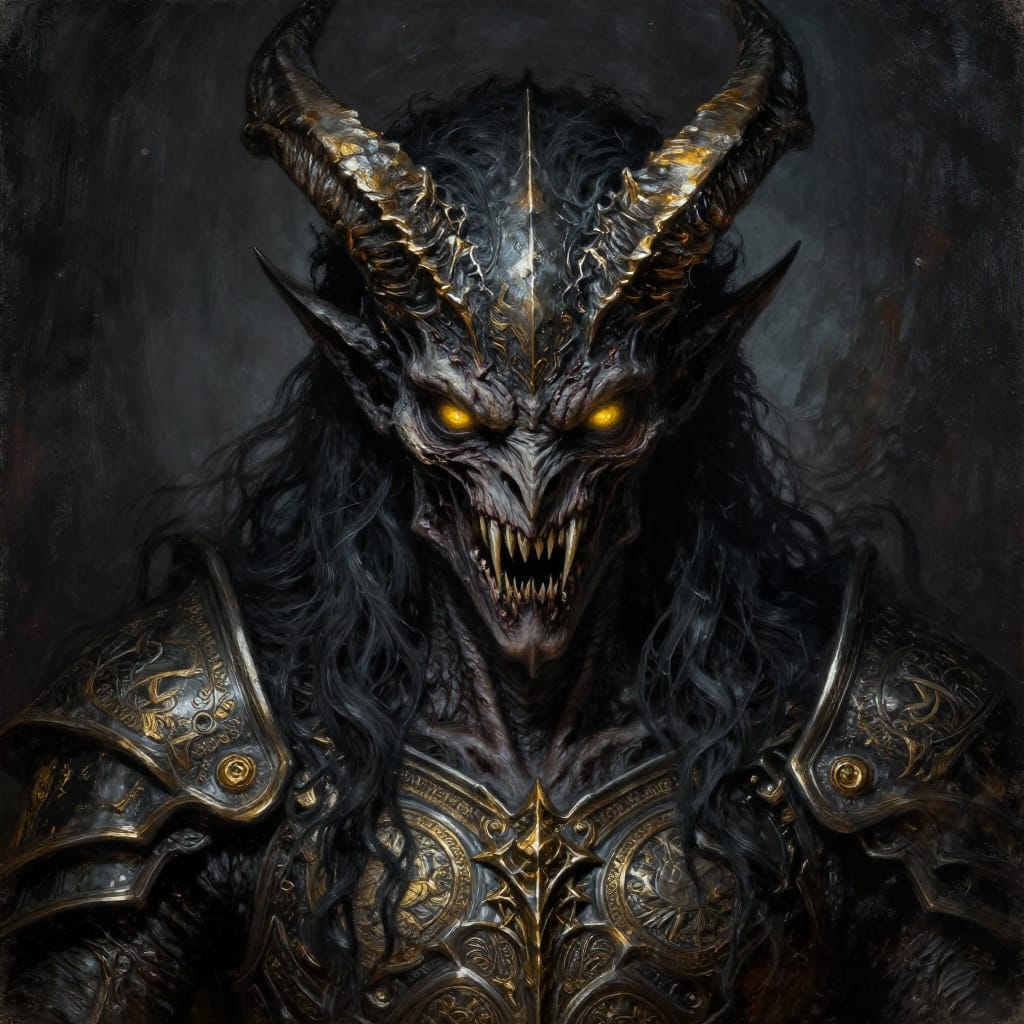 A dark fantasy painting on aged canvas captures a demonic figure with a fierce and menacing expression. The subject is centered in the composition, drawing immediate focus to its intense gaze and fearsfangs. The creature’s large, curved horns rise from its brow, sharply angular and glistening with metallic sheen, while its angular face is framed by deep-set, glowing yellow eyes that pierce the darkness like embers. Its lower jaw is adorned with jagged fangs that gleam with cold, metallic luster, and its dark, textured skin reveals intricate scars and ridges, forming a mask of dread. Elaborate circular-patterned armor, shimmering with gold and silver highlights, wraps its torso and limbs, catching the light to reveal subtle etchings and folds. The long, dark hair cascades down its shoulders in thick, flowing strands that contrast with the sharpness of its features. Dramatic, directional lighting from the upper left casts sharp shadows that emphasize the texture of its skin, the grooves of its horns, and the intricate etchings on its armor. The color palette is dominated by deep blacks, muted grays, and ash tones, punctuated by radiant gold and silver accents that catch the light and add a sense of otherworldly energy. The brushwork is highly detailed, with visible strokes that capture the grain of the armor plates, the texture of the hair, and the subtle imperfections of the skin. The overall feeling is one of awe and primal fear, evoking a sense of dread and wonder through its menacing presence and richly textured details.