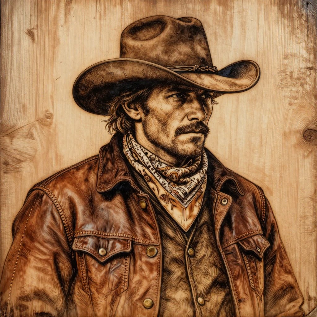 A detailed and realistic woodburning portrait of a rugged cowboy in full Western attire, rendered on a piece of weathered wood with visible grain and texture. The subject wears a wide-brimmed felt hat and a colorful, patterned bandana around their neck, its fabric texture captured through precise burn marks. A heavy-duty leather jacket with visible stitching and brass buttons is fastened over a fitted vest, its surface rendered in deep browns and tans to emphasize texture and depth. The composition centers on the subject, slightly off-center to create dynamic balance, with the hat and bandana framing their face and creating a sense of quiet intensity. The lighting is even and natural, achieved through a combination of direct and diffused light that enhances the burn marks and highlights the interplay of shadow and form. The color palette is monochromatic, dominated by earthy browns, warm tans, and deep charcoal tones, creating a cohesive and rustic aesthetic. The brushwork is meticulous, with fine lines and shading that capture the texture of hair, fabric, and leather with remarkable precision. Notable traits include the intricate details in the bandana’s pattern and the hat’s brim, the realistic representation of the jacket’s stitching, and the subtle shading that adds depth to the subject’s face. The overall feeling is one of ruggedness and authenticity, evoking the untamed spirit of the Wild West and a deep connection to the outdoors.