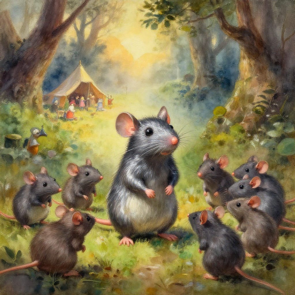 An oil painting on aged watercolor paper with a subtle grainy texture, capturing the rats of NIMH in a whimsical forest setting. The central focus is on Nimble, a smart rodent with expressive eyes and a gleaming metallic sheen on his fur, surrounded by his clever companions. The composition features layered depth: the foreground shows the mice in mid-action, midground reveals a bustling human encampment, and the background dissolves into misty trees under warm golden-hour sunlight. Delicate brushwork defines facial features and textures, while soft washes of color blend seamlessly into each other. The lighting casts gentle shadows that highlight the characters' distinct personalities, creating a serene yet mysterious atmosphere. The color palette combines earthy browns, soft greens, and muted blues for a harmonious, timeless aesthetic. The overall feeling is tender, imaginative, and filled with quiet wonder, evoking a sense of magical friendship amidst nature's embrace.