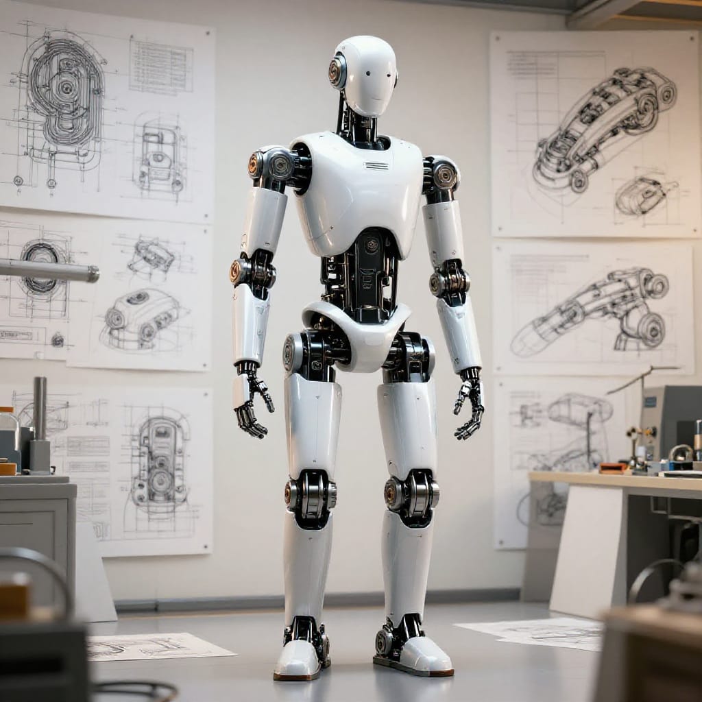 A humanoid robot stands upright in a well-lit workshop, its sleek metallic body gleaming under bright, even artificial illumination that highlights every intricate mechanical component—from articulated joints to precision-engineered limbs. The robot’s posture is neutral and composed, arms relaxed at its sides, conveying calm readiness. The mid-shot perspective captures the figure centrally, with the background filled with detailed technical sketches and schematics of mechanical parts, layered to suggest a deep focus on design and construction. The composition balances the robot’s form against the rich architectural details of its environment, which appears to be an indoor workshop or laboratory. A standard lens provides crisp clarity, emphasizing texture and form without distortion. The lighting is hard and even, casting no shadows, which enhances the metallic sheen and reveals the precise engineering of each component. The atmosphere is industrious and focused, imbued with a sense of precision and innovation. The color scheme is neutral, dominated by whites, grays, and subtle metallic highlights that contrast with the warm ambient light. Scene details include the robot’s smooth, reflective surface, its articulated joints with visible gears and bolts, and the layered technical drawings in the background, all contributing to a realistic and detailed portrayal of advanced robotics in motionless, deliberate focus.