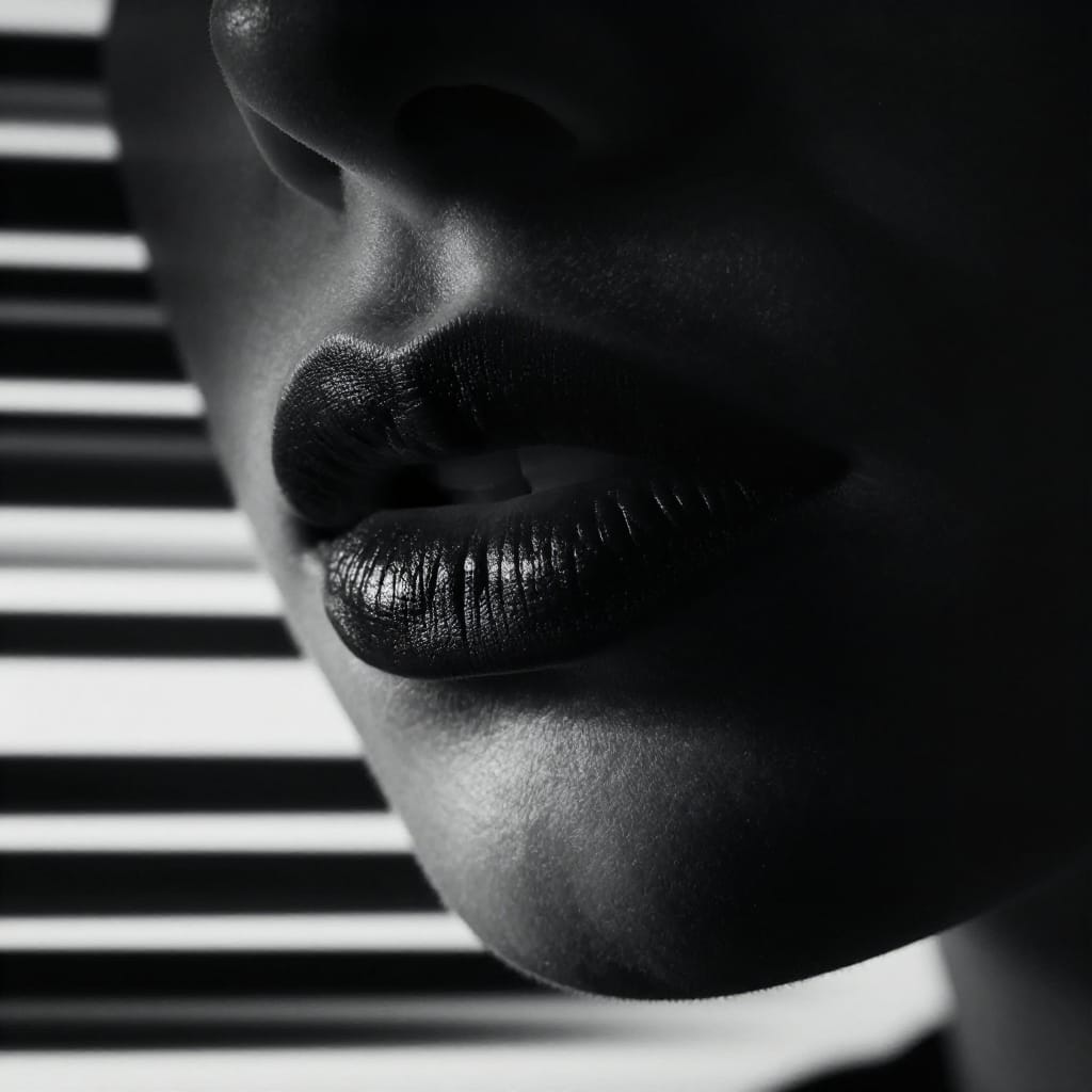 A close-up macro shot of lips in a studio setting, captured with a high-contrast black and white lens that emphasizes texture and depth. The subject's lips are bold, glossy, and matte, suggesting dark lipstick with subtle sheen. Dramatic studio lighting casts deep shadows across the lips, creating a three-dimensional form against a flat, neutral backdrop. The composition follows the rule of thirds, placing the lips at a focal intersection point. The background consists of horizontal black and white stripes that add geometric precision and visual rhythm, enhancing the artistic atmosphere. The scene is still, with no motion, and the person's face is partially obscured by darkness, creating mystery and intrigue. The monochromatic palette amplifies the contrast between light and shadow, making the lips the sole focus of the image. The overall feeling is mysterious and seductive, evoked through the interplay of light, texture, and composition.