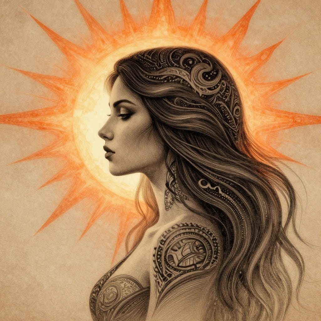 An elegant and mysterious modern illustration of a woman rendered in exquisite detail on textured paper. The subject is captured in profile with long, flowing hair adorned with intricate tattoo-like patterns that intertwine across her head and shoulders, their fine lines and stippling creating a tactile depth. The background bursts into a radiant sunburst of warm orange and soft beige, radiating outward from her head with luminous energy that draws the eye from the figure to the dynamic field. The composition places her firmly in the foreground, her form defined by subtle shadowing and delicate gradient tones that enhance her presence. Lighting is dramatic and directional, casting soft highlights across her features while creating a luminous halo around the sunburst, imbuing the scene with movement and vitality. The color palette is limited to earthy beiges, warm oranges, and deep blacks, evoking a vintage yet timeless aesthetic. The artwork combines modern illustration techniques with a handcrafted, slightly aged feel through its textured paper surface and deliberate brushwork. The overall feeling is one of quiet power and enigmatic grace, where every line and hue contributes to a sense of timeless elegance and hidden mystery.