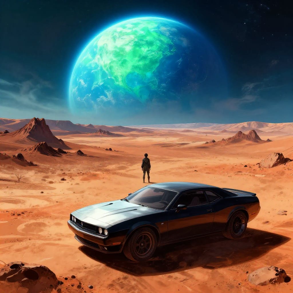 A hyper-detailed panoramic scene of a lone human figure standing beside a sleek muscle car on the rugged, sun-bleached surface of Mars, viewed from a high vantage point where the bright blue and vibrant green hues of Earth are visible as a luminous disk in the sky. The dark, textured Martian landscape stretches behind the subject, rendered with intricate geological detail including jagged ridges, deep craters, and scattered regolith particles. The artwork is created in anime style, characterized by expressive linework, dynamic brushstrokes, and a richly saturated color palette that blends warm terracotta tones for the Martian terrain with cool cerulean and emerald accents from Earth. The sky is rendered with atmospheric depth, featuring wispy clouds and a subtle haze that softens the distant planet. The lighting is dramatic, with high-contrast highlights on the car’s polished surface and the figure’s attire, casting long shadows across the terrain. The composition emphasizes scale and wonder, capturing the vastness of space and the fragile beauty of life beyond Earth.