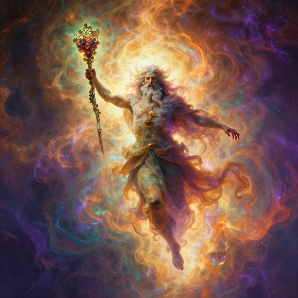 A dynamic, surreal portrait of a mythological deity captured mid-air in a wide-angle lens, positioned centrally within the frame. The subject is a human-like figure with a weathered bearded face, one arm raised in a gesture of power, the other extended forward, embodying movement and energy. A staff adorned with glowing grapes and delicate leaves rests in its grasp, its surface shimmering with ambient light. The figure is enveloped by a radiant, swirling aura of warm and cool tones—golden yellows, fiery oranges, deep purples, and vibrant greens—that pulse with mystical energy. The flowing garments of the deity appear to dissolve into the surrounding colors, creating a seamless fusion of form and atmosphere. The background is a chaotic yet harmonious tapestry of abstract, swirling patterns in warm and cool hues, evoking an otherworldly, divine presence. The lighting is natural yet ethereal, with soft highlights that catch on the figure’s face and staff, while subtle shadows enhance depth without harshness. The wide-angle perspective exaggerates the scene’s vastness and intimacy, drawing the viewer into a moment of enigmatic wonder. The overall feeling is enigmatic and mysterious, a timeless fusion of myth, motion, and magical color.